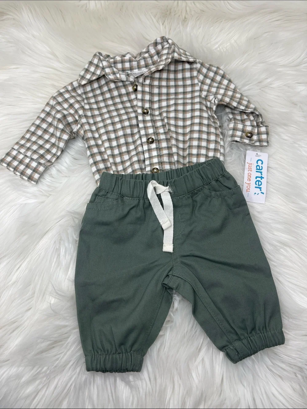 Carter's Green Joggers with Beige Plaid Button-Up Set